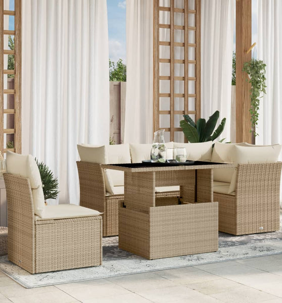 6-tlg. Garten-Sofagarnitur mit Kissen Beige Poly Rattan