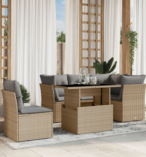 6-tlg. Garten-Sofagarnitur mit Kissen Beige Poly Rattan