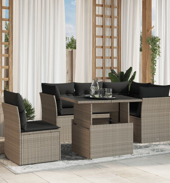6-tlg. Garten-Sofagarnitur mit Kissen Hellgrau Poly Rattan