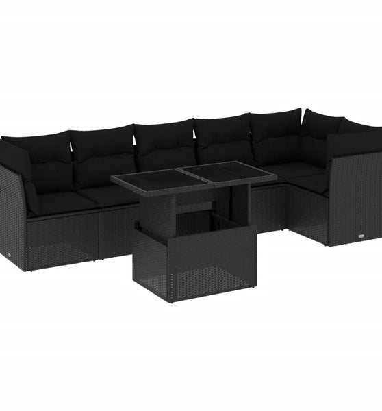 7-tlg. Garten-Sofagarnitur mit Kissen Schwarz Poly Rattan