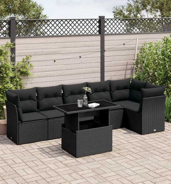 7-tlg. Garten-Sofagarnitur mit Kissen Schwarz Poly Rattan