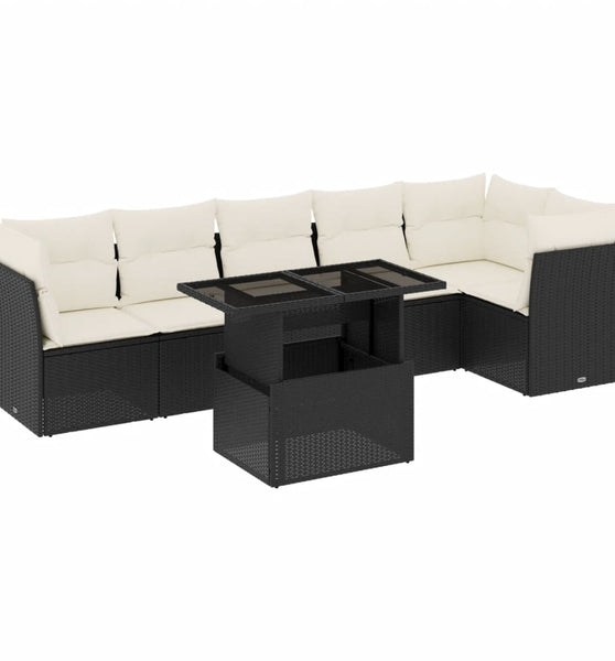 7-tlg. Garten-Sofagarnitur mit Kissen Schwarz Poly Rattan