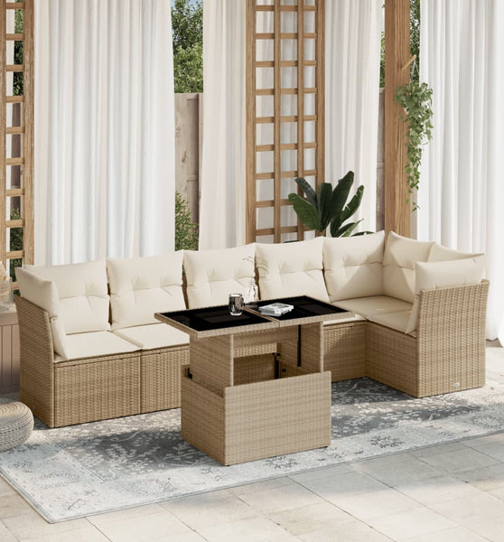 7-tlg. Garten-Sofagarnitur mit Kissen Beige Poly Rattan