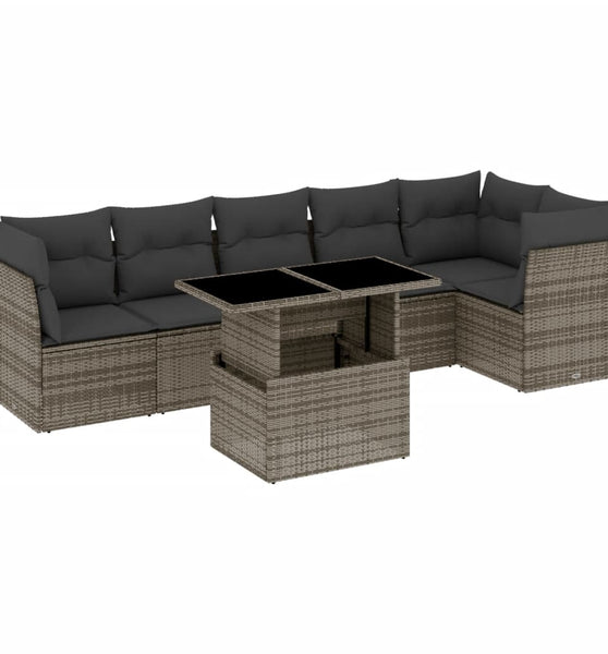 7-tlg. Garten-Sofagarnitur mit Kissen Grau Poly Rattan