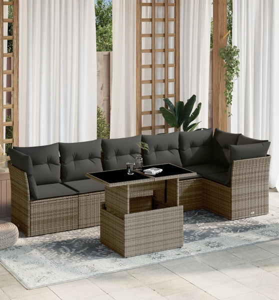7-tlg. Garten-Sofagarnitur mit Kissen Grau Poly Rattan
