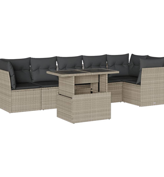 7-tlg. Garten-Sofagarnitur mit Kissen Hellgrau Poly Rattan