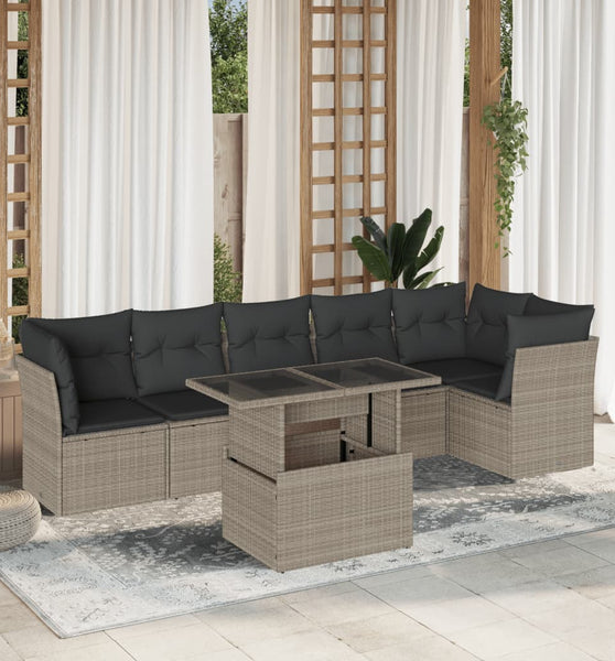 7-tlg. Garten-Sofagarnitur mit Kissen Hellgrau Poly Rattan