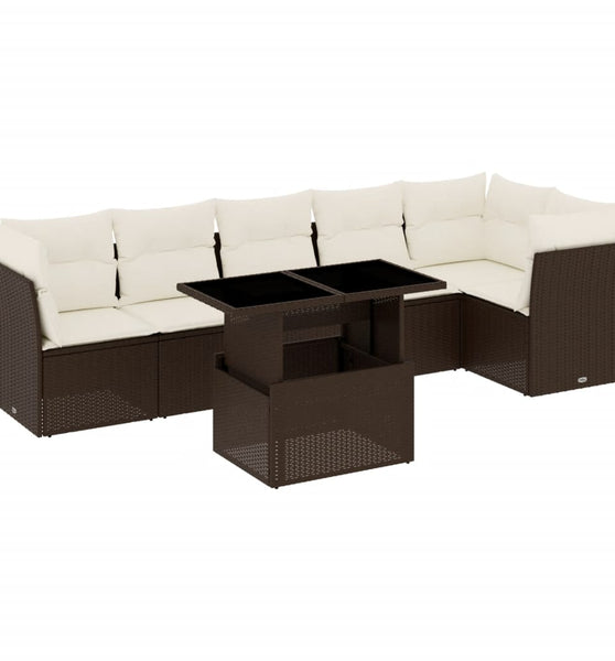 7-tlg. Garten-Sofagarnitur mit Kissen Braun Poly Rattan