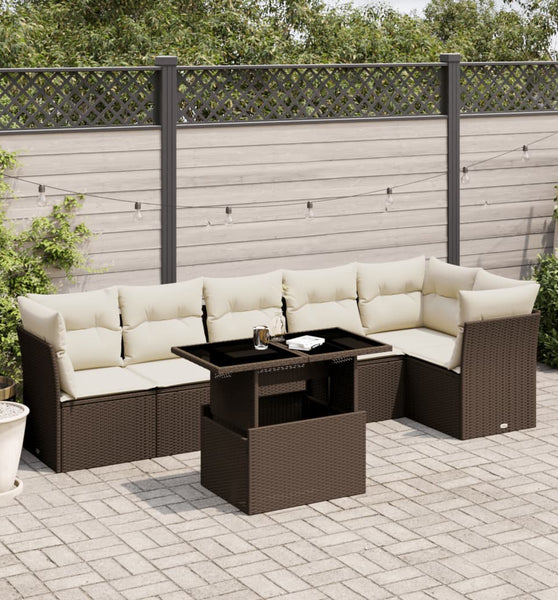 7-tlg. Garten-Sofagarnitur mit Kissen Braun Poly Rattan