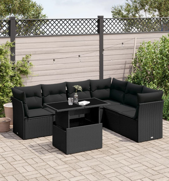 7-tlg. Garten-Sofagarnitur mit Kissen Schwarz Poly Rattan