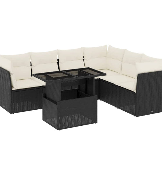 7-tlg. Garten-Sofagarnitur mit Kissen Schwarz Poly Rattan