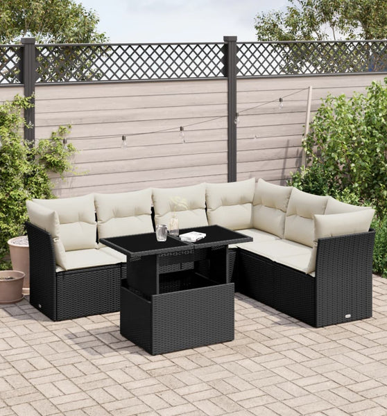 7-tlg. Garten-Sofagarnitur mit Kissen Schwarz Poly Rattan