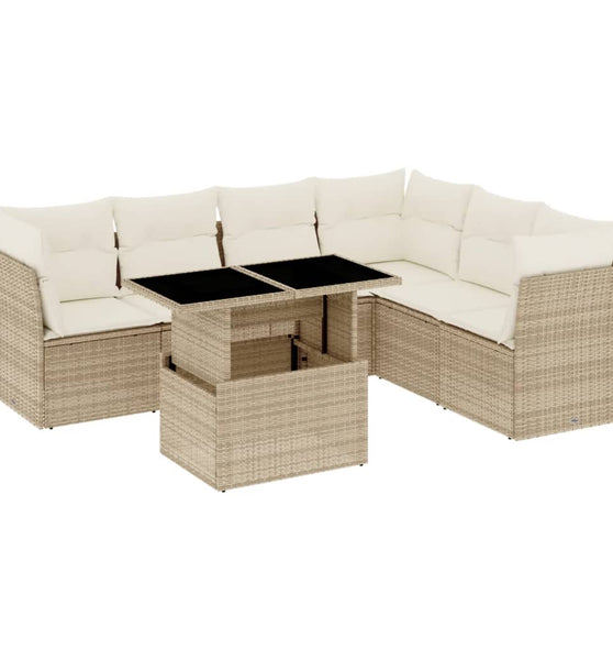 7-tlg. Garten-Sofagarnitur mit Kissen Beige Poly Rattan