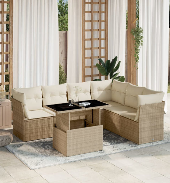7-tlg. Garten-Sofagarnitur mit Kissen Beige Poly Rattan