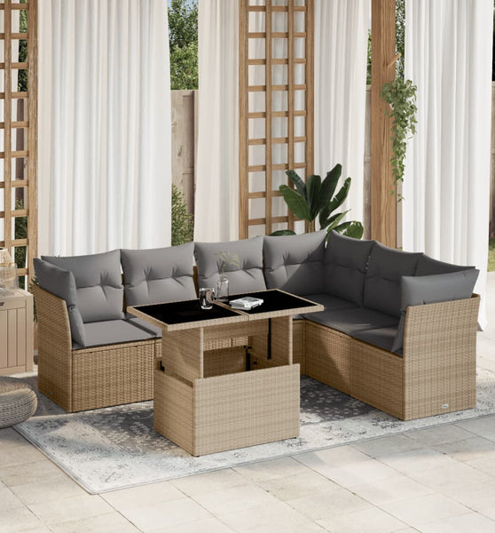 7-tlg. Garten-Sofagarnitur mit Kissen Beige Poly Rattan