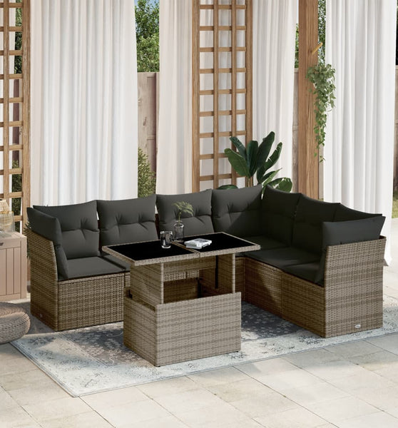 7-tlg. Garten-Sofagarnitur mit Kissen Grau Poly Rattan