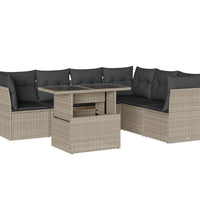 7-tlg. Garten-Sofagarnitur mit Kissen Hellgrau Poly Rattan