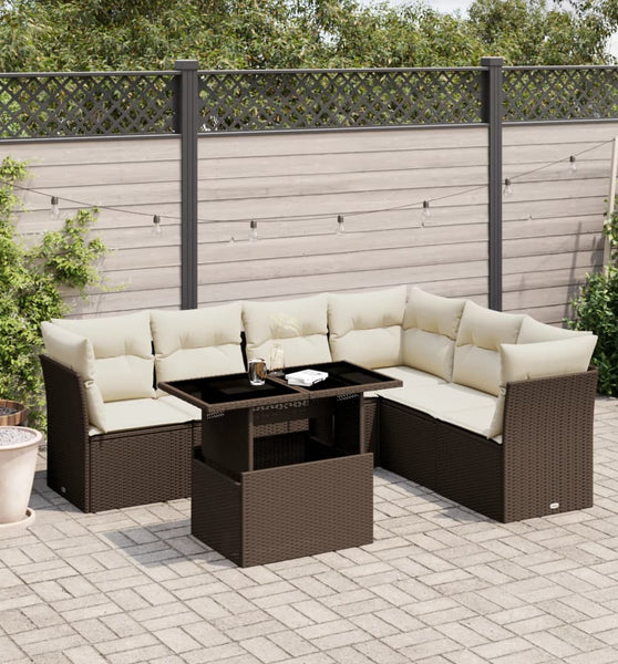 7-tlg. Garten-Sofagarnitur mit Kissen Braun Poly Rattan