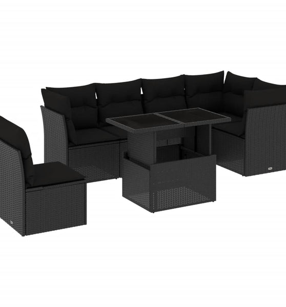 7-tlg. Garten-Sofagarnitur mit Kissen Schwarz Poly Rattan