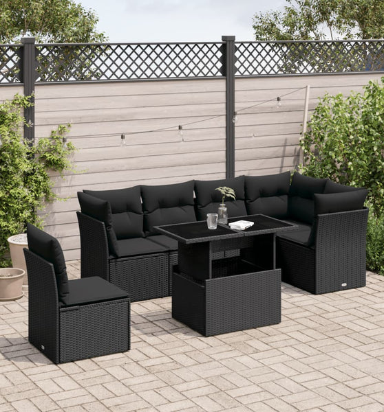 7-tlg. Garten-Sofagarnitur mit Kissen Schwarz Poly Rattan