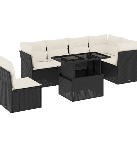 7-tlg. Garten-Sofagarnitur mit Kissen Schwarz Poly Rattan