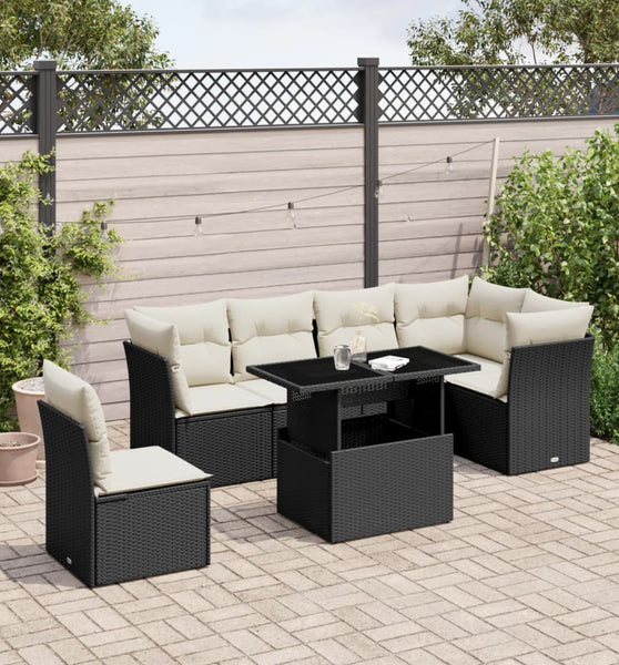 7-tlg. Garten-Sofagarnitur mit Kissen Schwarz Poly Rattan