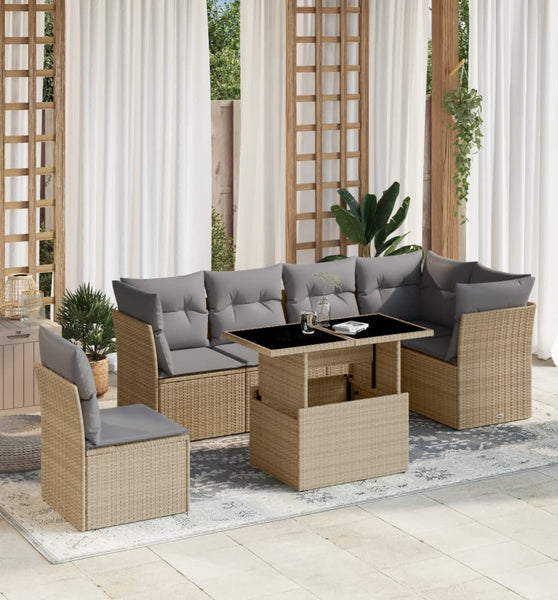 7-tlg. Garten-Sofagarnitur mit Kissen Beige Poly Rattan
