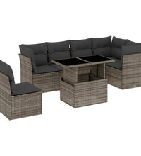7-tlg. Garten-Sofagarnitur mit Kissen Grau Poly Rattan