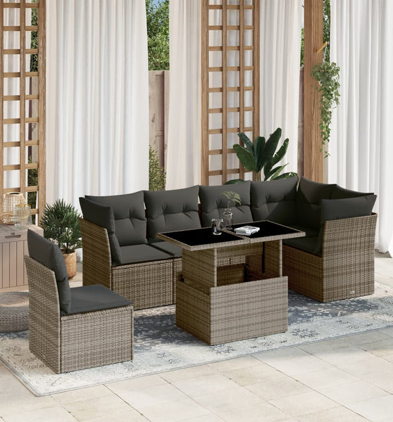 7-tlg. Garten-Sofagarnitur mit Kissen Grau Poly Rattan