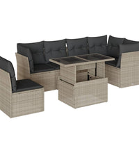 7-tlg. Garten-Sofagarnitur mit Kissen Hellgrau Poly Rattan