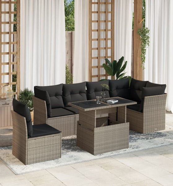 7-tlg. Garten-Sofagarnitur mit Kissen Hellgrau Poly Rattan