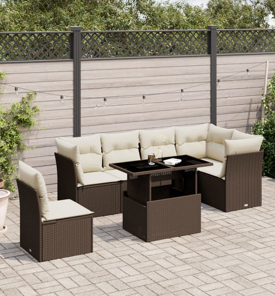 7-tlg. Garten-Sofagarnitur mit Kissen Braun Poly Rattan