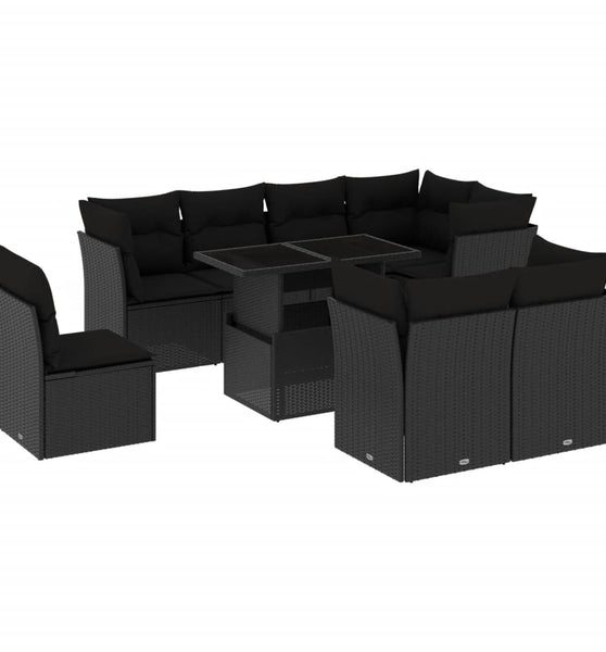 9-tlg. Garten-Sofagarnitur mit Kissen Schwarz Poly Rattan