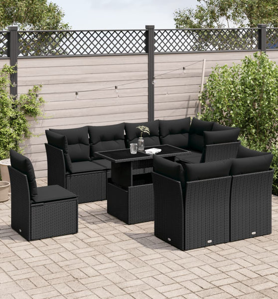 9-tlg. Garten-Sofagarnitur mit Kissen Schwarz Poly Rattan