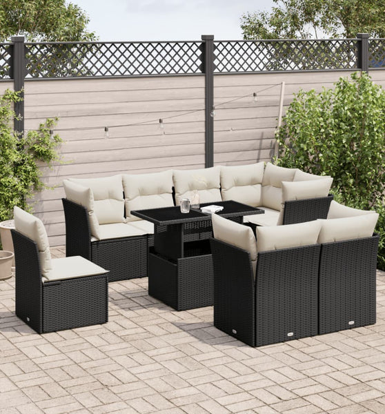 9-tlg. Garten-Sofagarnitur mit Kissen Schwarz Poly Rattan
