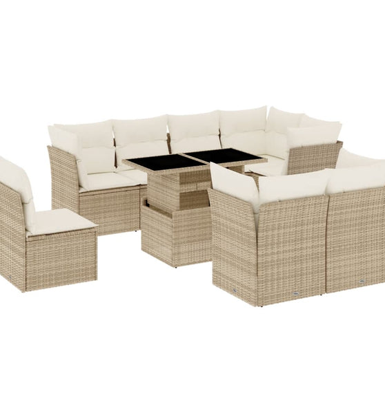 9-tlg. Garten-Sofagarnitur mit Kissen Beige Poly Rattan