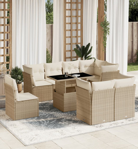 9-tlg. Garten-Sofagarnitur mit Kissen Beige Poly Rattan