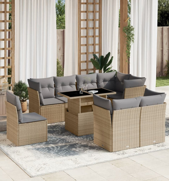 9-tlg. Garten-Sofagarnitur mit Kissen Beige Poly Rattan