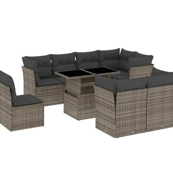 9-tlg. Garten-Sofagarnitur mit Kissen Grau Poly Rattan