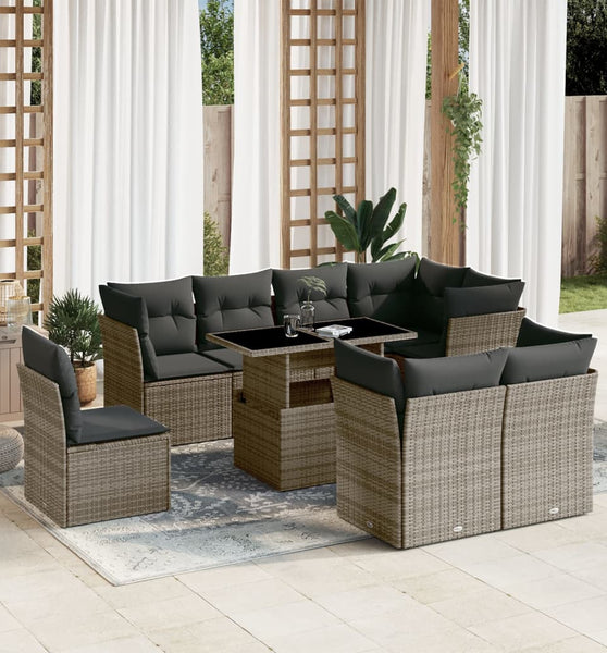 9-tlg. Garten-Sofagarnitur mit Kissen Grau Poly Rattan