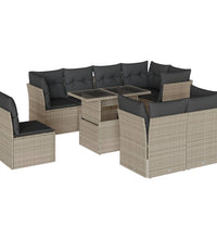 9-tlg. Garten-Sofagarnitur mit Kissen Hellgrau Poly Rattan
