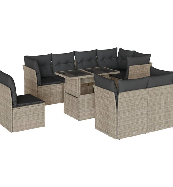 9-tlg. Garten-Sofagarnitur mit Kissen Hellgrau Poly Rattan