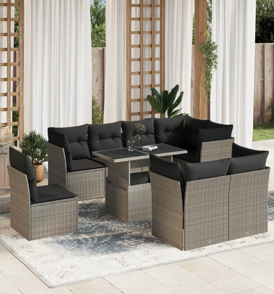 9-tlg. Garten-Sofagarnitur mit Kissen Hellgrau Poly Rattan