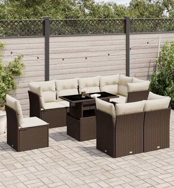 9-tlg. Garten-Sofagarnitur mit Kissen Braun Poly Rattan