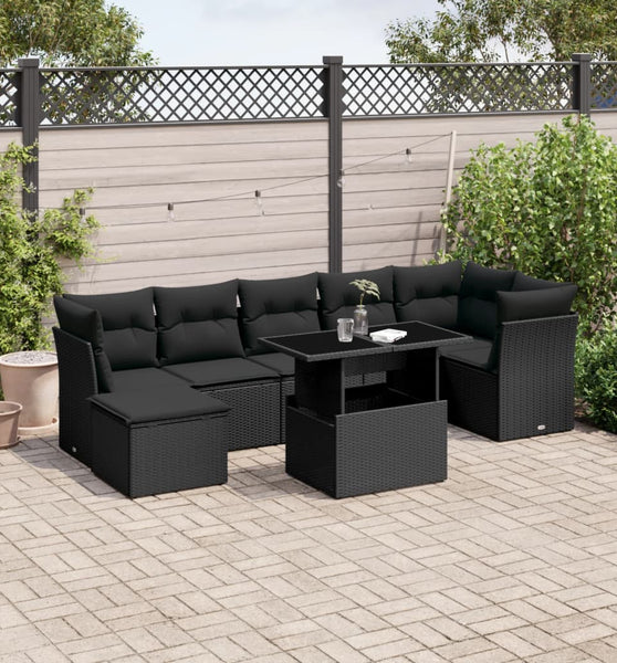 8-tlg. Garten-Sofagarnitur mit Kissen Schwarz Poly Rattan