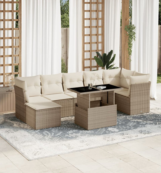 8-tlg. Garten-Sofagarnitur mit Kissen Beige Poly Rattan
