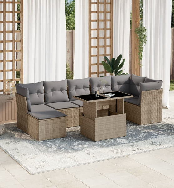 8-tlg. Garten-Sofagarnitur mit Kissen Beige Poly Rattan