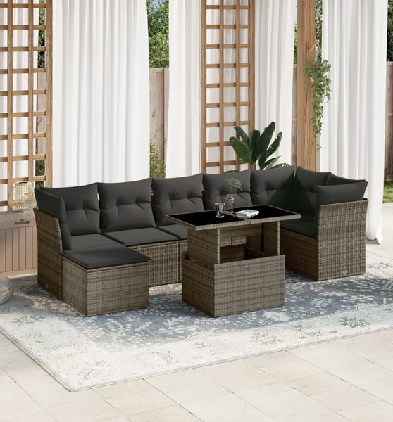 8-tlg. Garten-Sofagarnitur mit Kissen Grau Poly Rattan