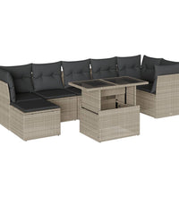 8-tlg. Garten-Sofagarnitur mit Kissen Hellgrau Poly Rattan
