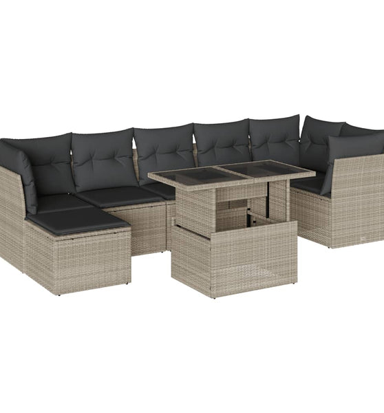 8-tlg. Garten-Sofagarnitur mit Kissen Hellgrau Poly Rattan